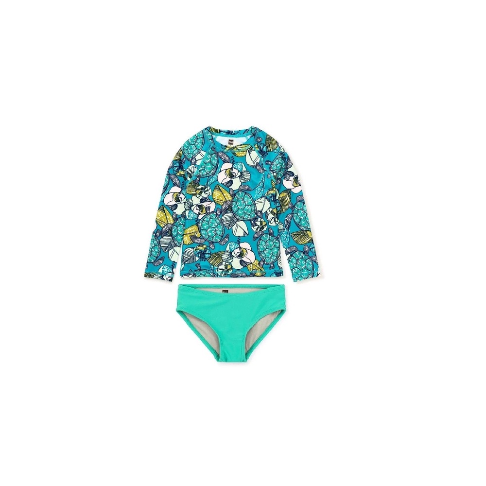 TEA COLLECTION NWT Girls 12 Turtle Floral Swim Suit Rash Guard Set